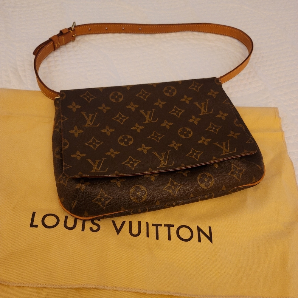 Louis Vuitton Monogram Canvas Shoulder Bag in Brown with Tan Strap